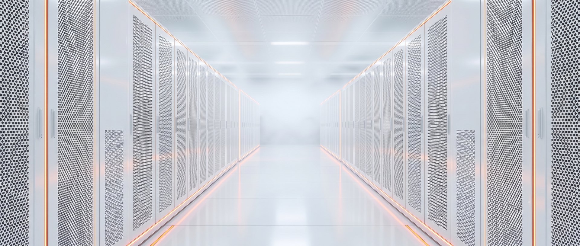 Bright data center aisle with white server cabinets